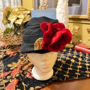 Vintage Black Hat with Red Floral Accent